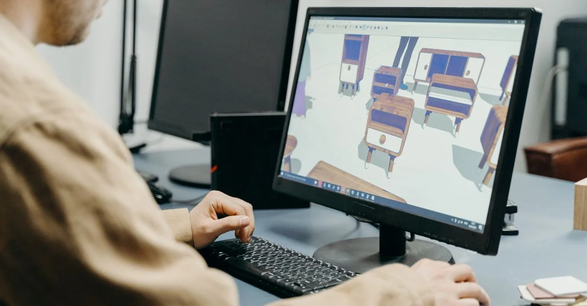 Un designer de produits utilisant un ordinateur pour la modélisation 3D de meubles dans un bureau.