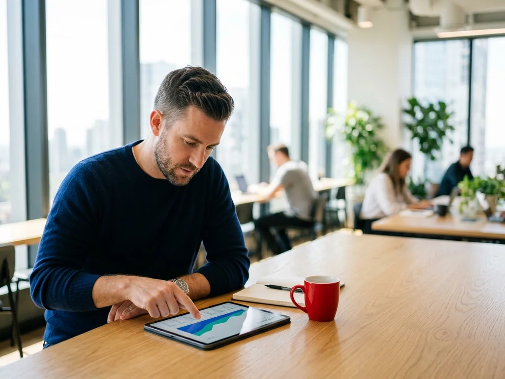 Consultant analysant des graphiques de croissance organique pour une stratégie SEO à Boulogne-Billancourt.
