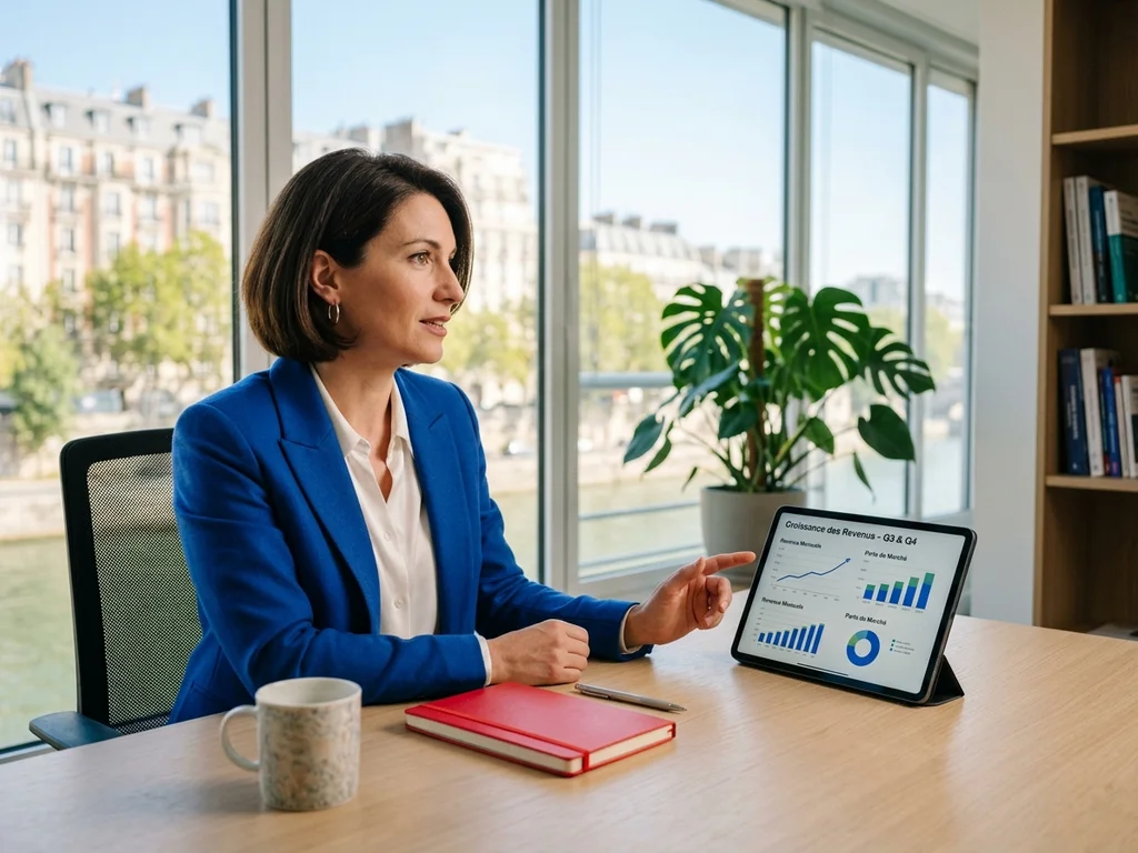 Consultante SEO analysant des indicateurs de performance dans un bureau lumineux à Boulogne-Billancourt.