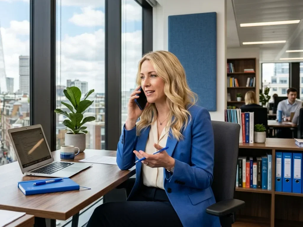 Consultante SEO analysant des indicateurs de performance dans un bureau lumineux à Boulogne-Billancourt.