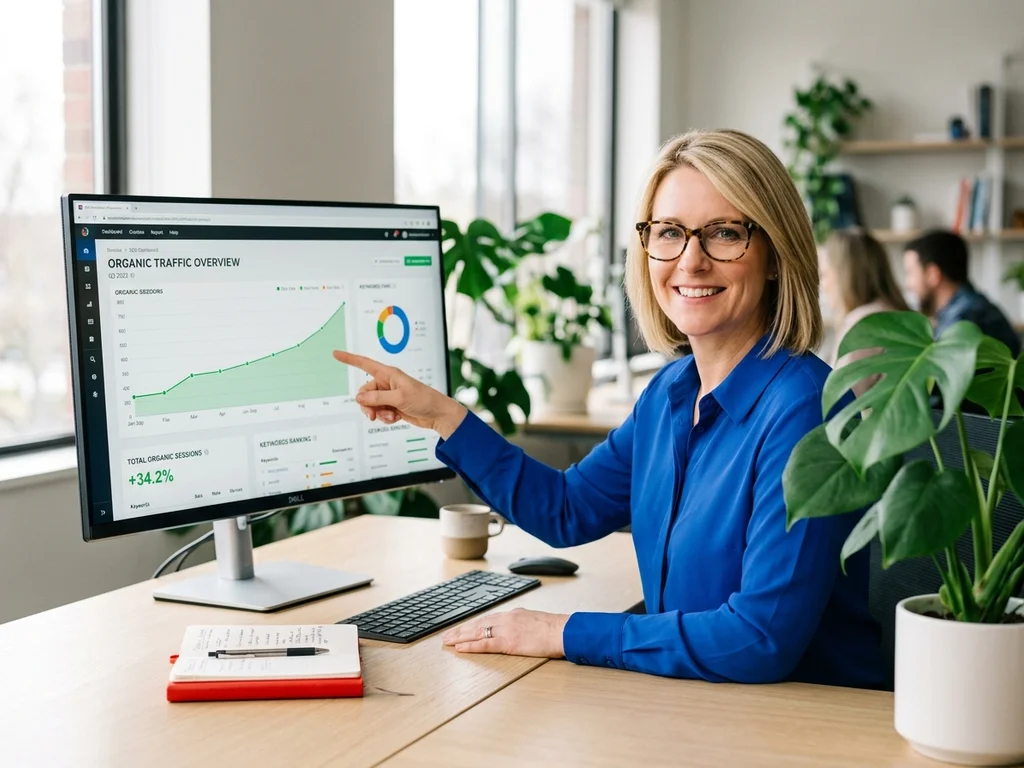 Spécialiste SEO analysant une courbe de positionnement en hausse sur un tableau de bord analytique.
