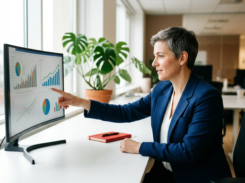 Une experte analyse les performances SEO sur un écran affichant des graphiques de visibilité détaillés.