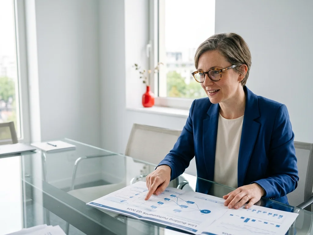 Experte SEO analysant un rapport de netlinking pour la stratégie digitale d'une PME locale.