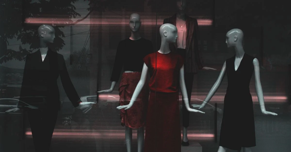 Un groupe de mannequins en vêtements à la mode exposés dans une vitrine.